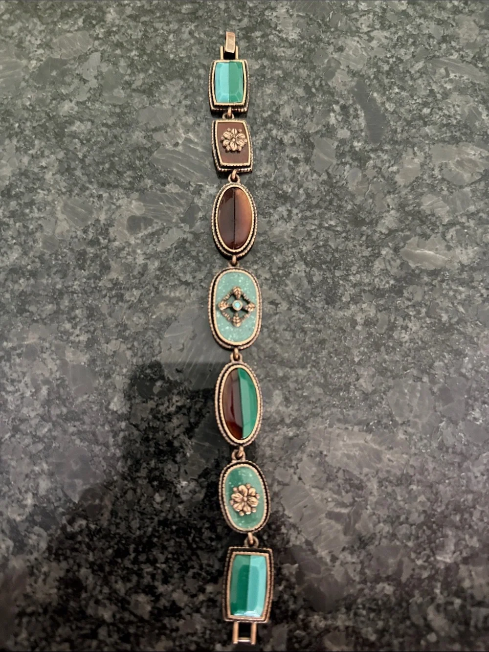 Vintage Brass Green & Brown Glass Link Bracelet Ornate Floral Statement